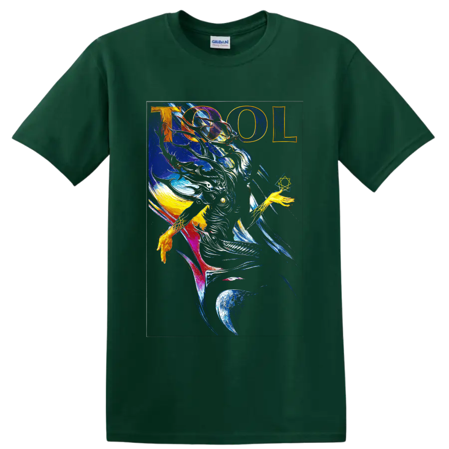 Tool psychedelic cosmic astronaut graphic print with bold lettering on a Forest Green T Shirt