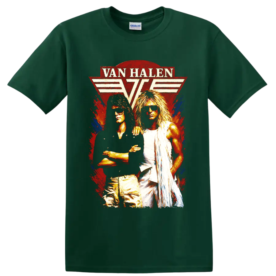 Van Halen winged logo with two rock performers in vintage distressed art on a Forest Green T Shirt