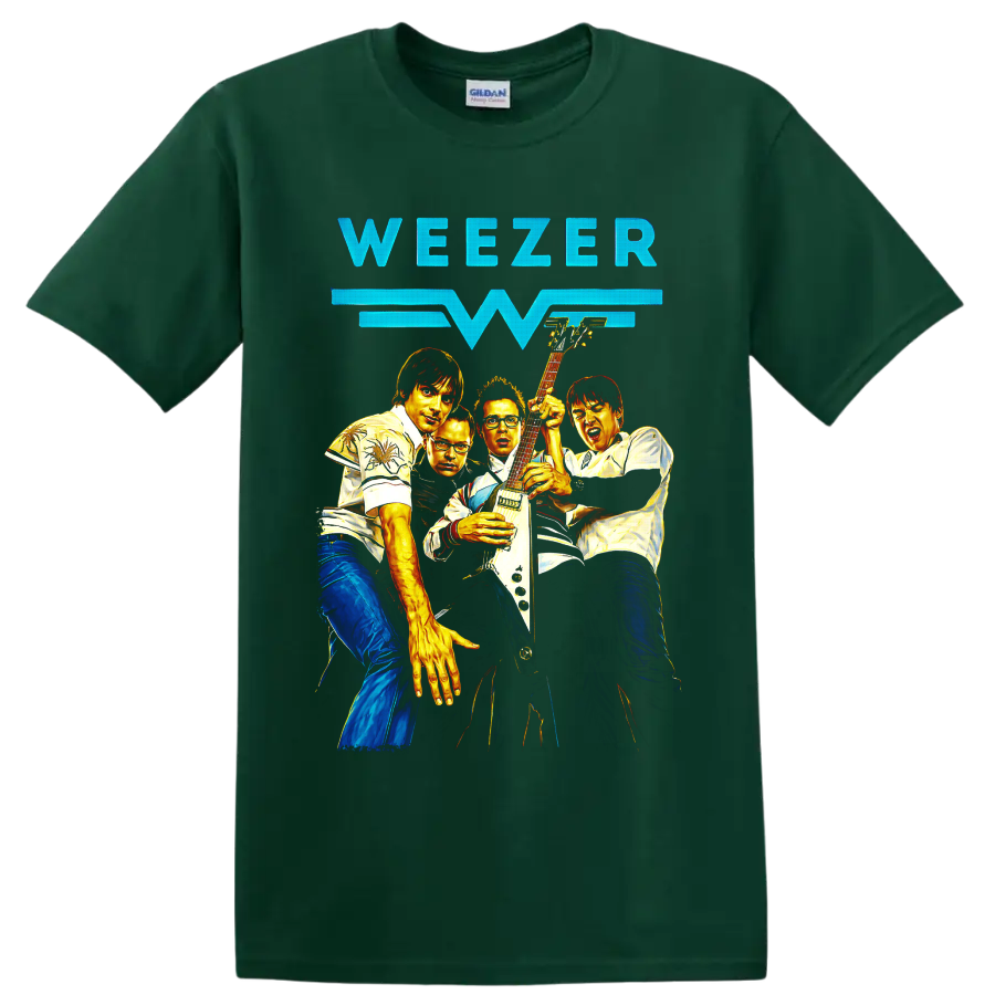 Weezer rock band group portrait with electric guitar and bold lettering on a Forest Green T Shirt