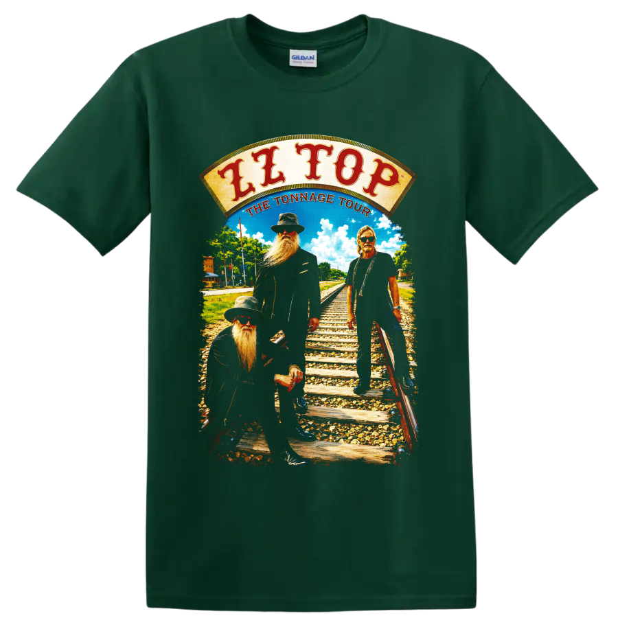 ZZ Top Tonnage Tour vintage railroad rock band graphic on a Forest Green T Shirt