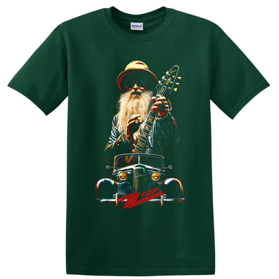 ZZ Top bearded guitarist with electric guitar and vintage car graphic on a Forest Green T Shirt