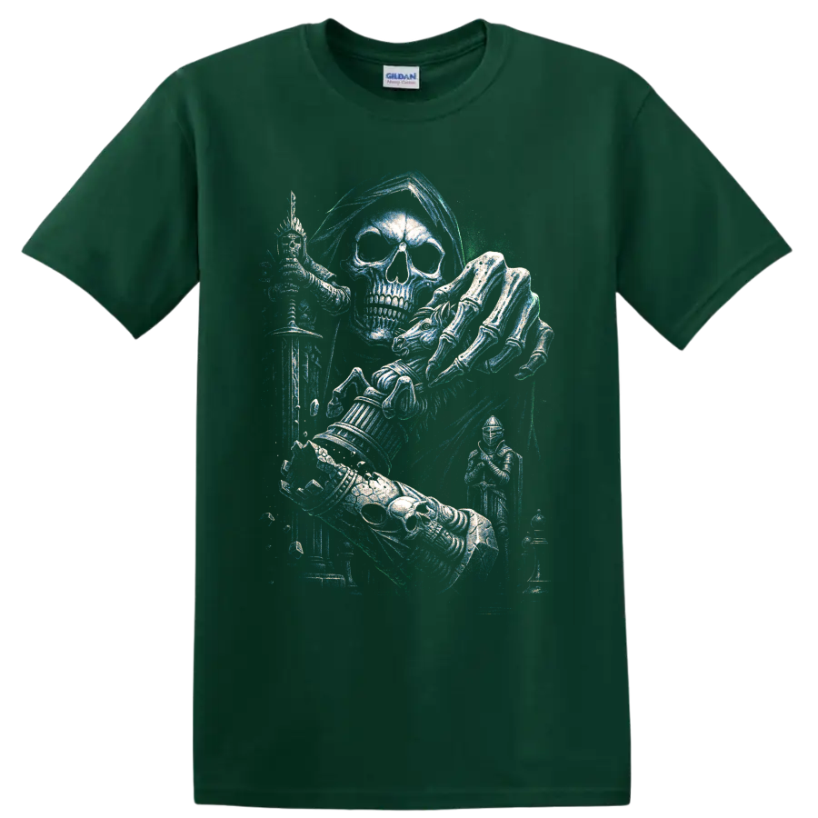 Gothic skull knight in armor wielding a sword, distressed fantasy art on a Forest Green T Shirt