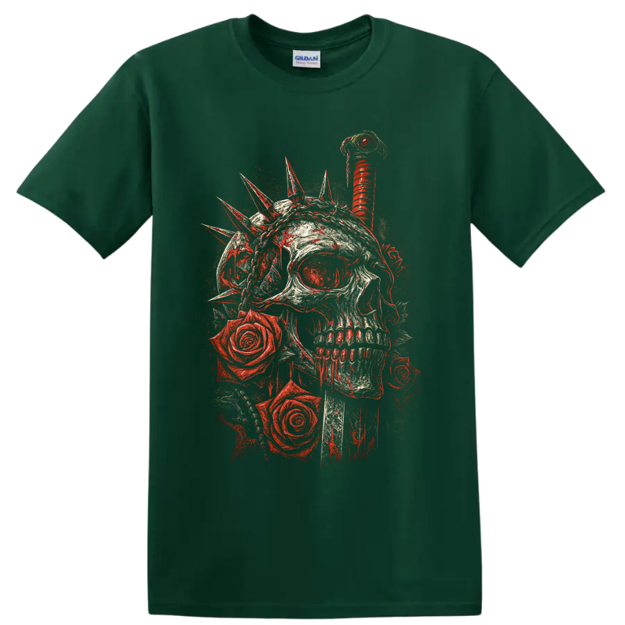 Gothic skull with red roses and spiked crown graphic on a Forest Green T Shirt
