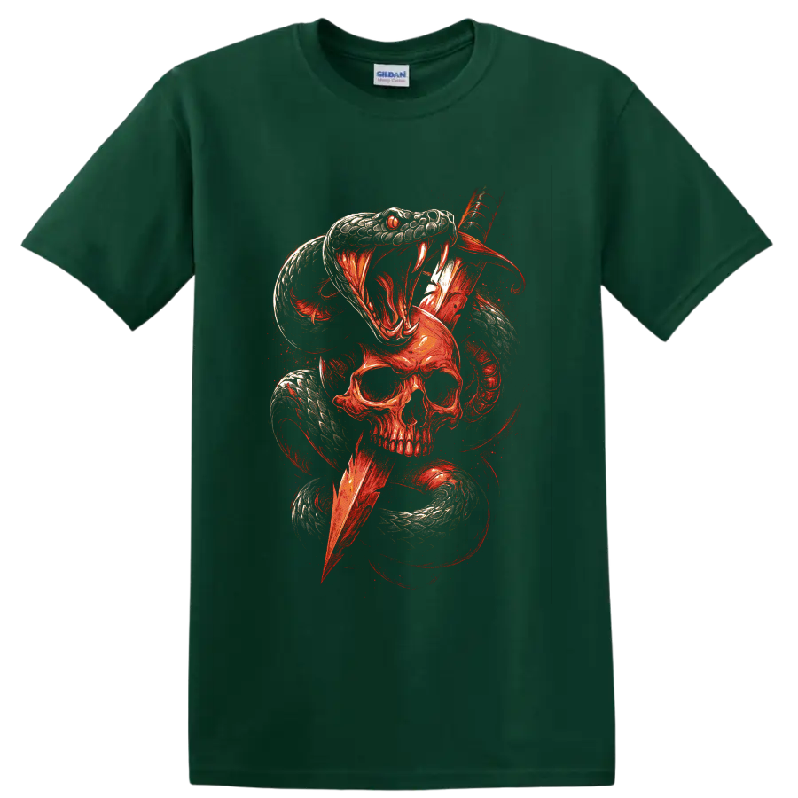 Red fanged snake coiling around a skull in gothic horror art on a Forest Green T Shirt