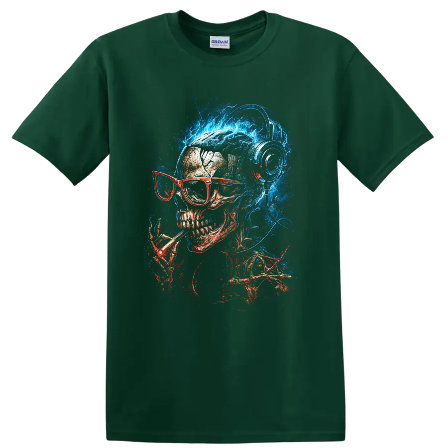 Neon blue and red skull wearing glasses and headphones, gothic art on a Forest Green T Shirt