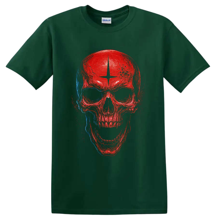 Distressed red and blue skull grunge graphic print on a Forest Green T Shirt