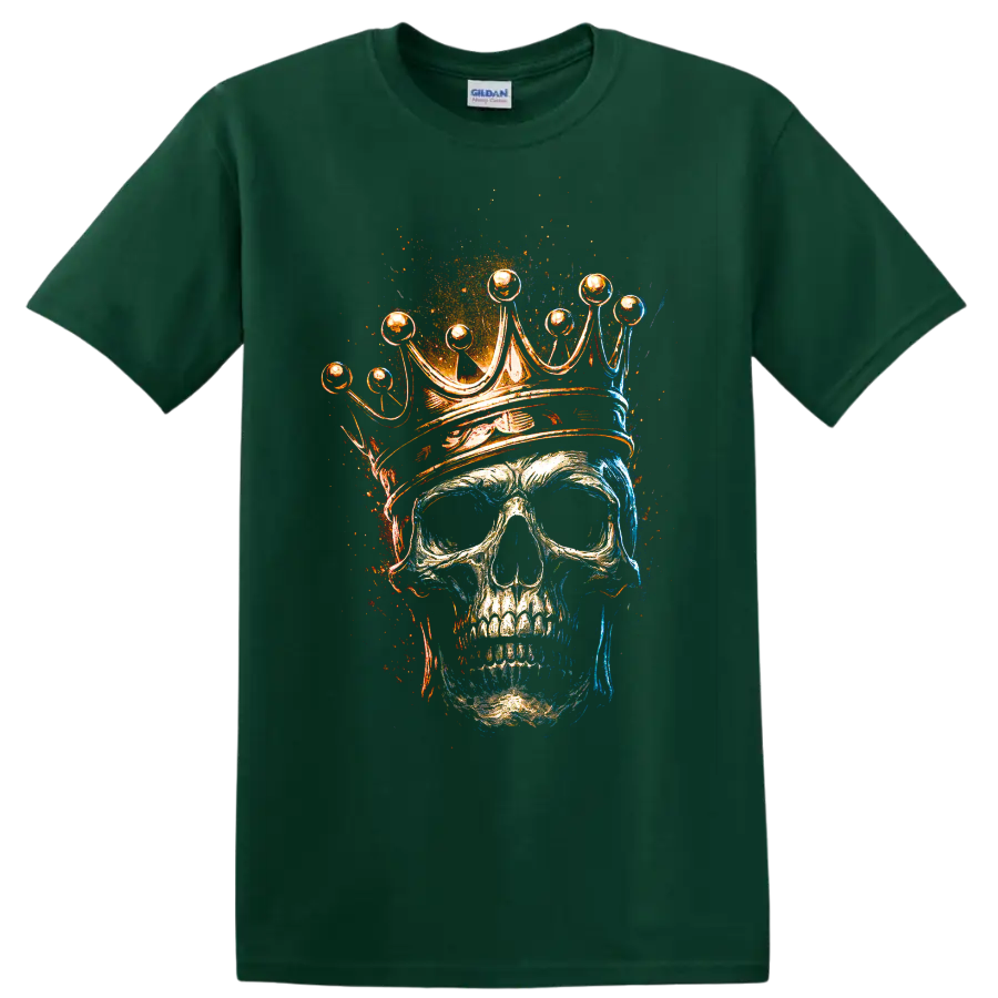 Crowned skull with ornate crown in fiery blue and orange grunge art on a Forest Green T Shirt