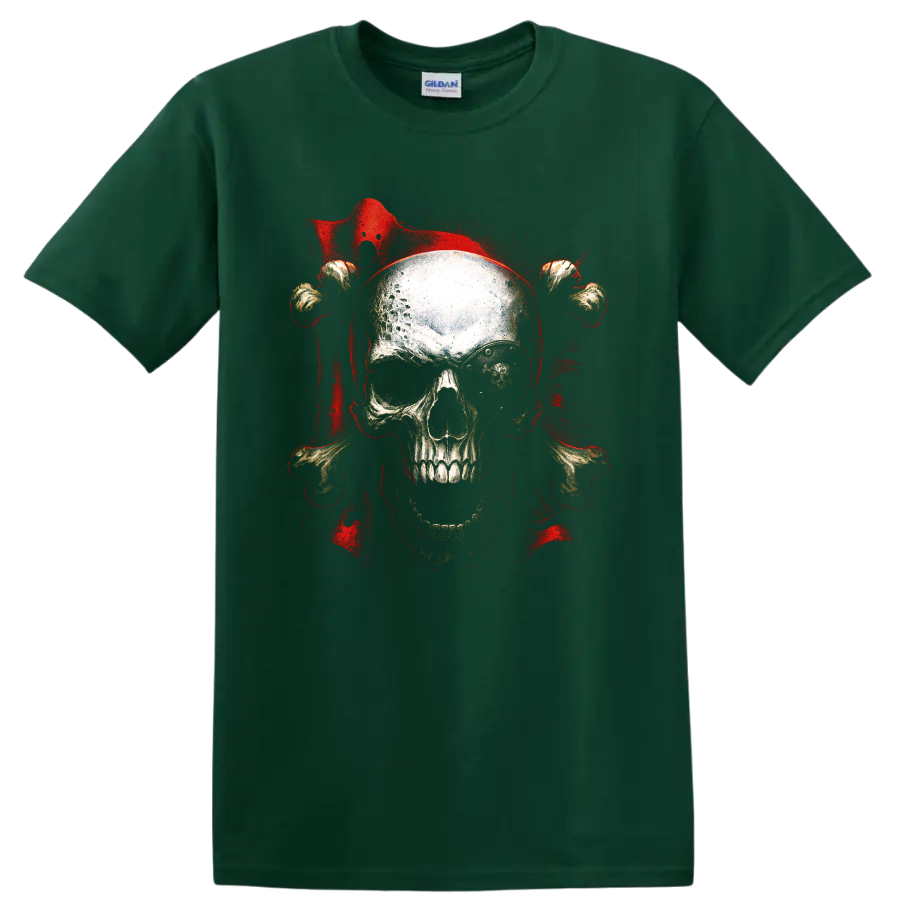 Gothic skull and crossbones graphic with red grunge splatter on a Forest Green T Shirt