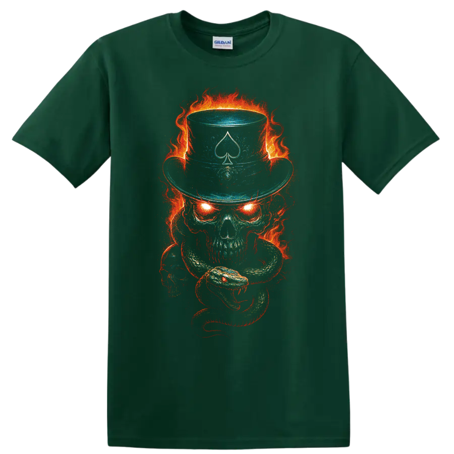 Flaming skull with snake, spade top hat, and fiery gothic horror artwork on a Forest Green T Shirt