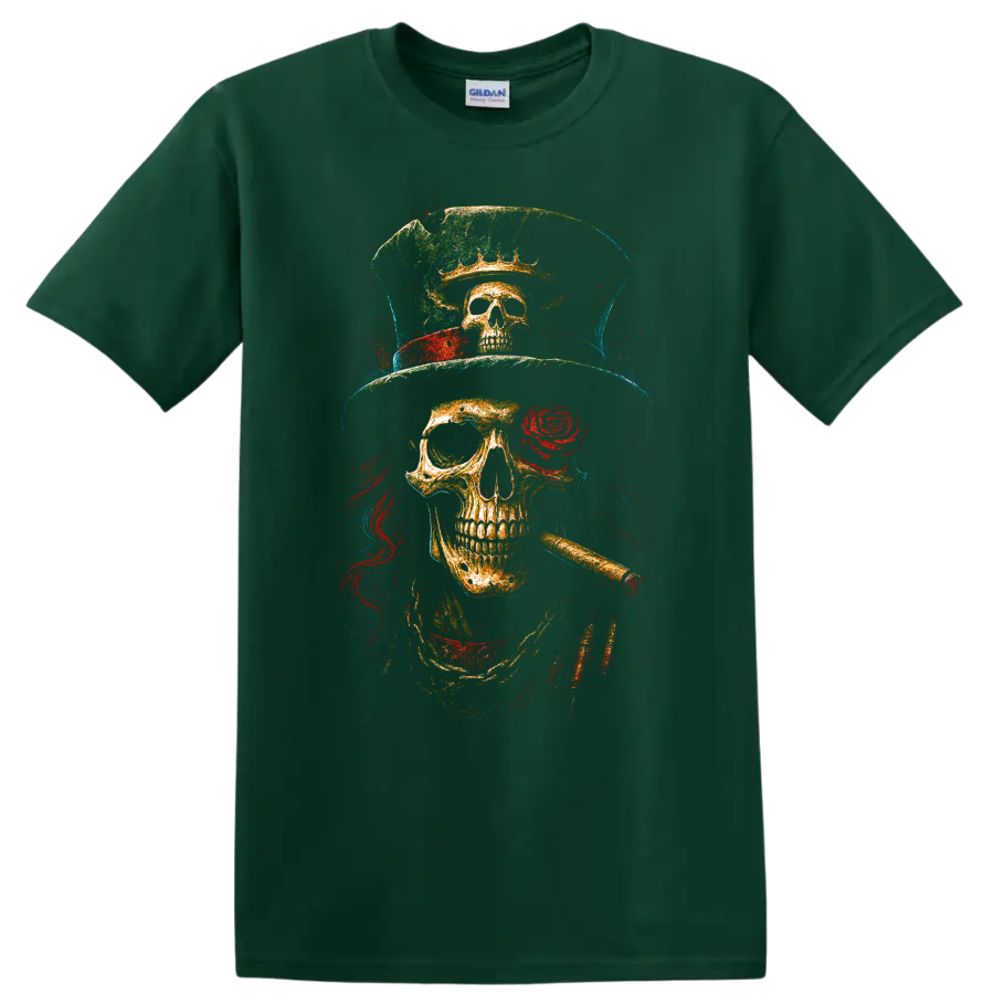 Vintage grunge skull wearing a top hat with rose and cigar on a Forest Green T Shirt