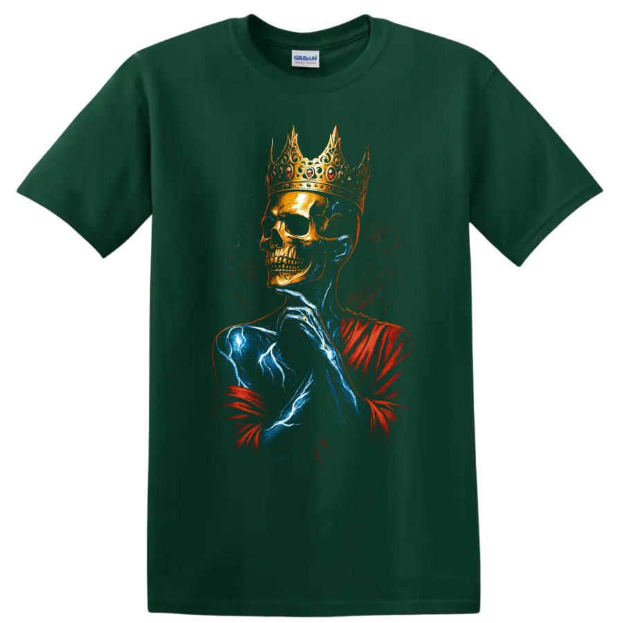 Crowned skull king gothic graphic with red and blue splatter art on a Forest Green T Shirt