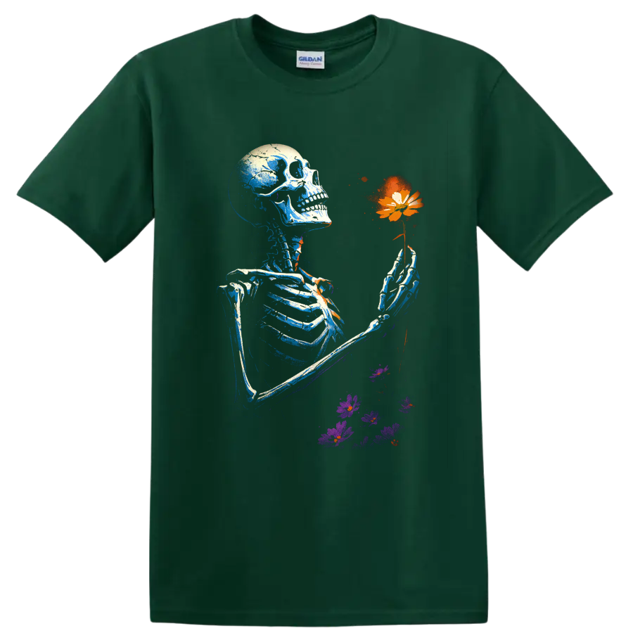 Gothic skeleton holding an orange flower with purple floral accents on a Forest Green T Shirt