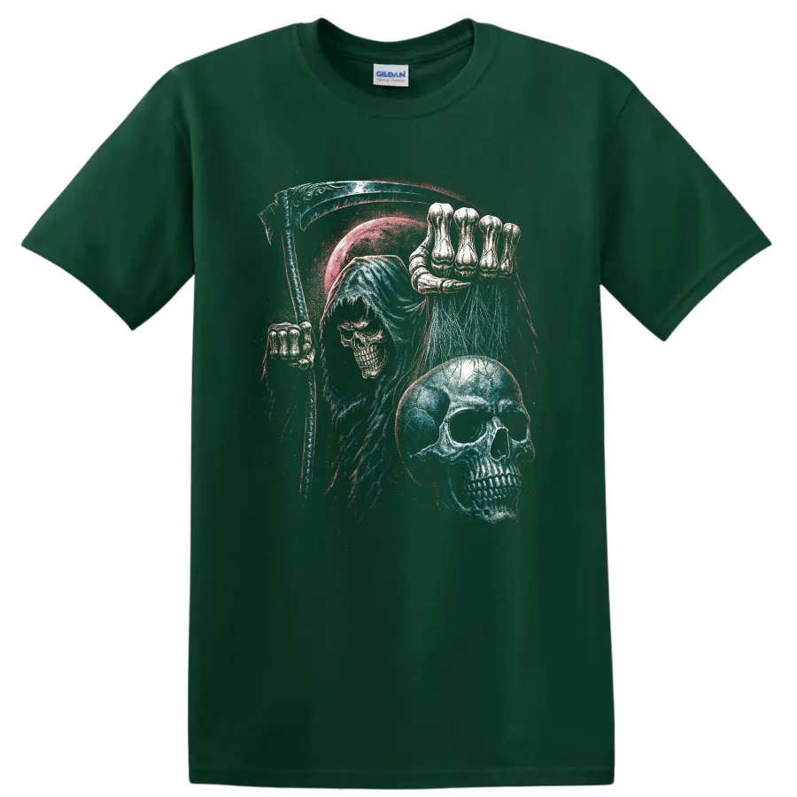 Gothic blue skull with skeletal hand and distressed red and white splatter art on a Forest Green T Shirt