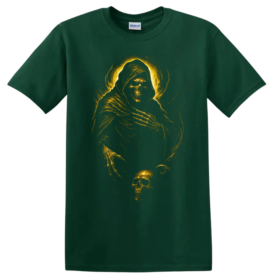 Golden grim reaper skull gothic skeleton graphic print on a Forest Green T Shirt