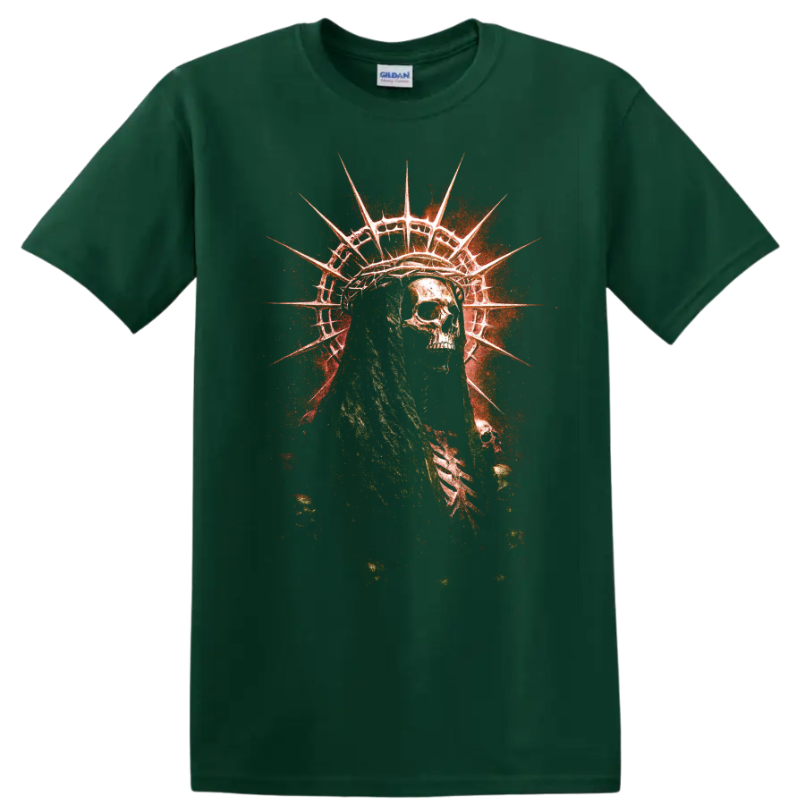 Distressed skull Statue of Liberty gothic horror graphic with red grunge burst on a Forest Green T Shirt
