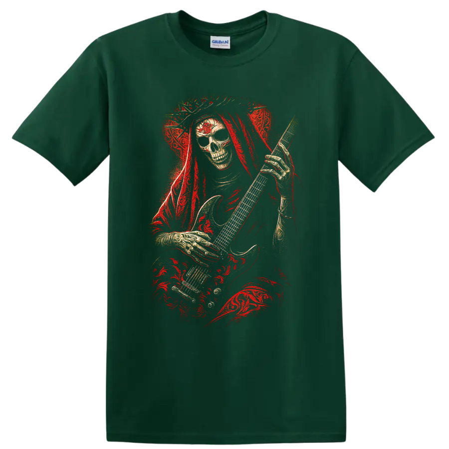 Gothic skull guitarist with red roses and distressed rock art on a Forest Green T Shirt