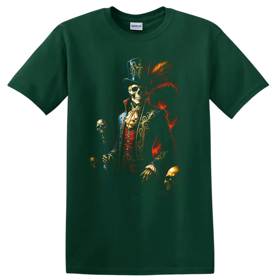 Gothic skeleton ringmaster in top hat with skull cane and red plume on a Forest Green T Shirt