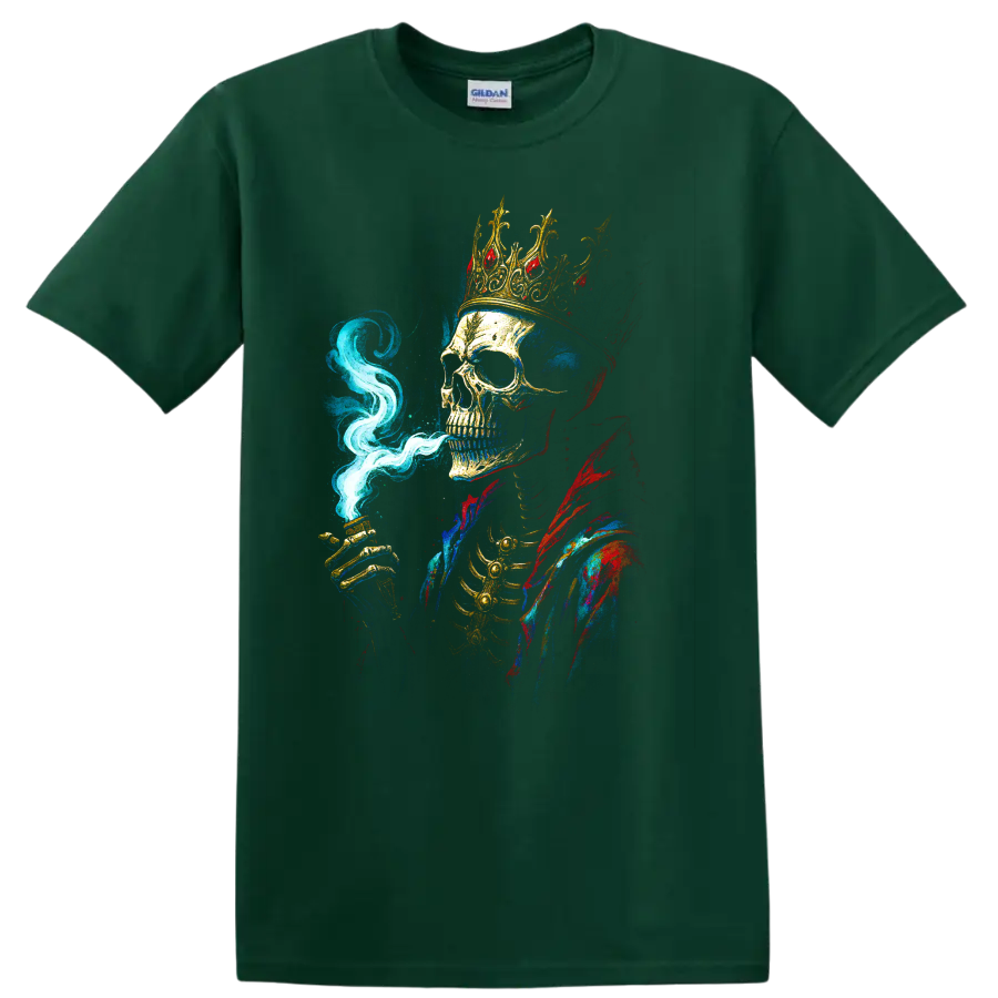 Crowned skull king with blue smoke and colorful gothic art on a Forest Green T Shirt