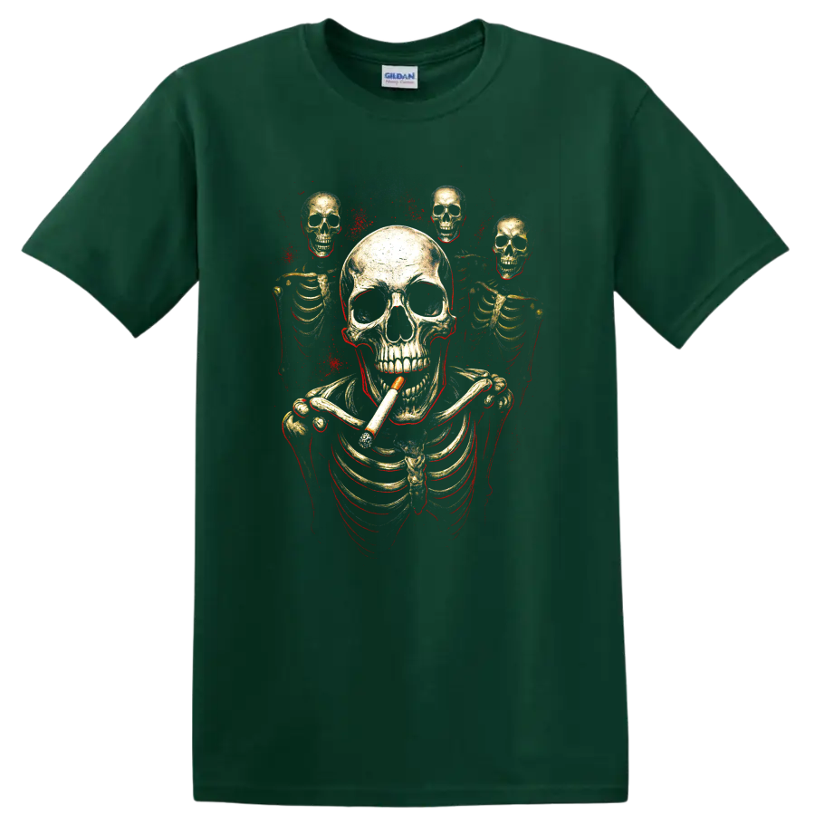 Smoking skeleton skull graphic with smaller skulls and red splatter on a Forest Green T Shirt