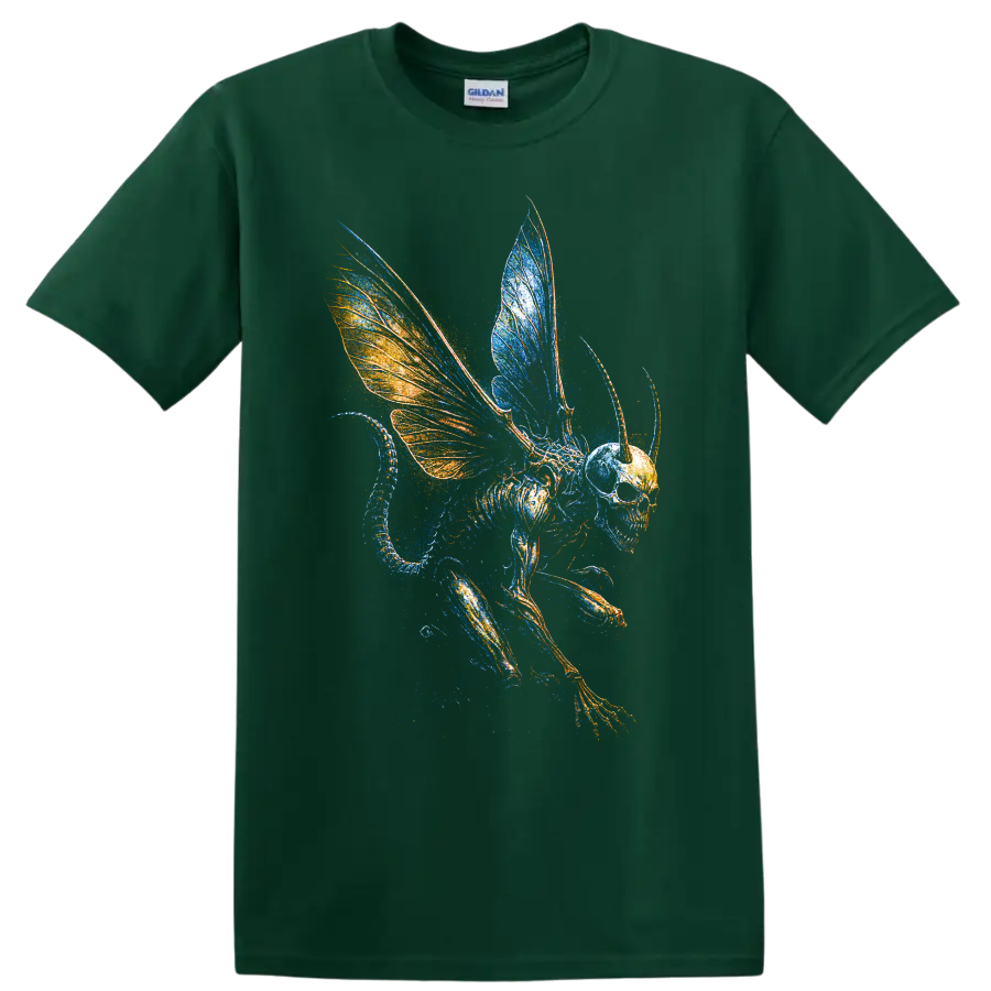 Winged skull skeleton creature with blue and orange gothic fantasy wings on a Forest Green T Shirt