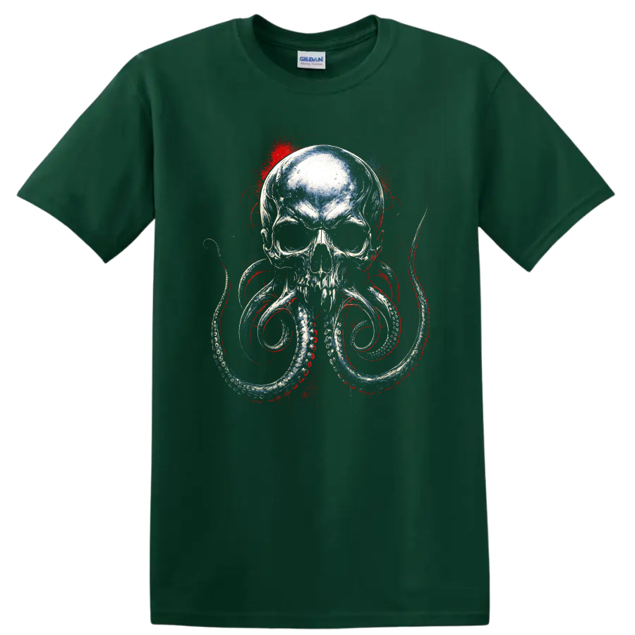 Distressed skull octopus graphic with curling tentacles and red blue accents on a Forest Green T Shirt