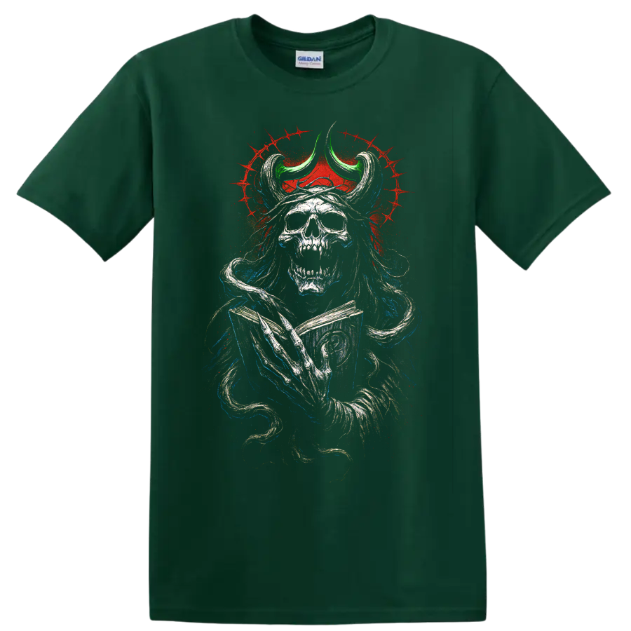 Horned skull warrior with gothic distressed artwork and red splatter on a Forest Green T Shirt