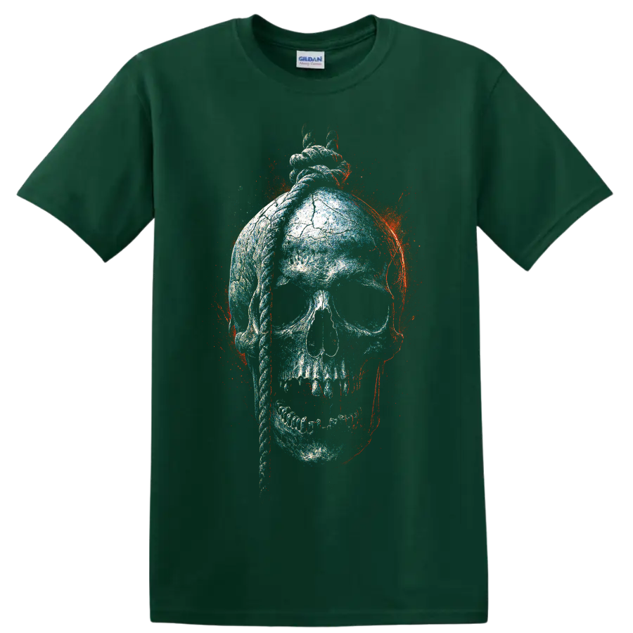 Distressed gothic skull with anatomical heart graphic art on a Forest Green T Shirt