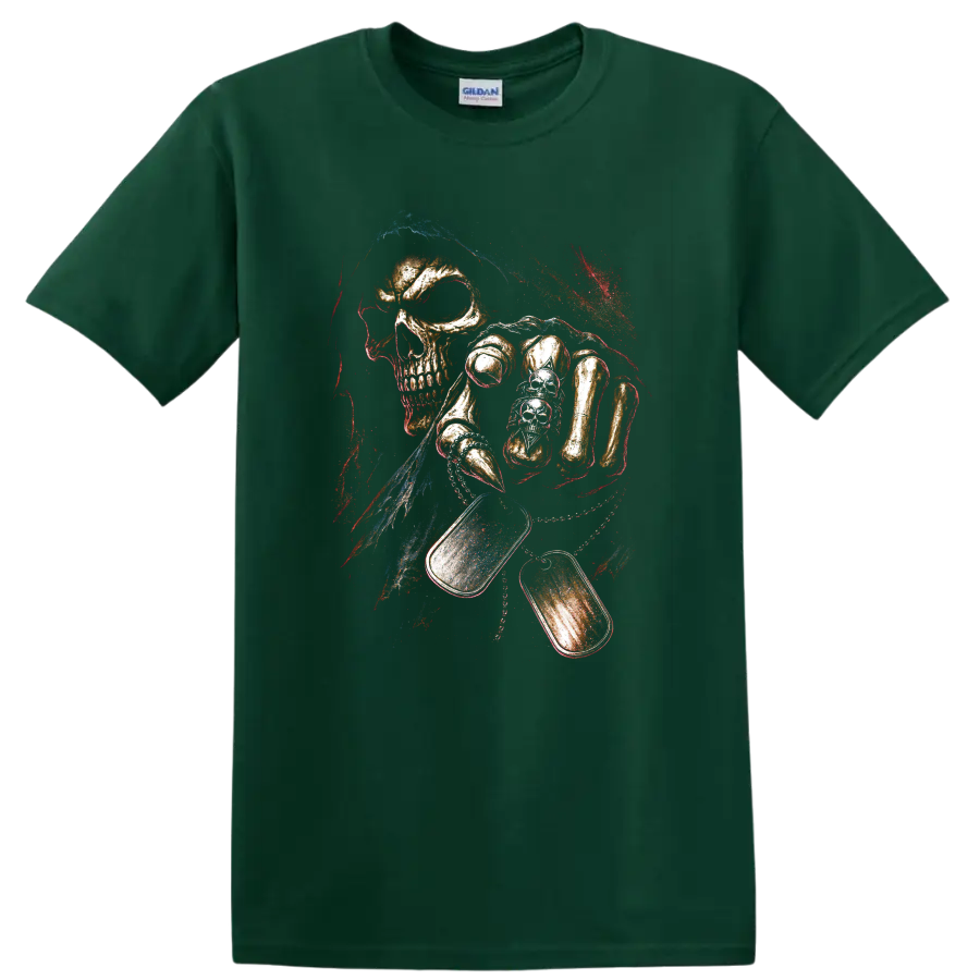 Distressed gothic skull graphic with vivid red, blue, and orange accents on a Forest Green T Shirt