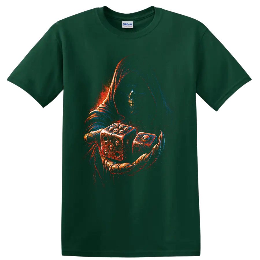 Hooded skull figure holding dice in red and blue gothic horror art on a Forest Green T Shirt