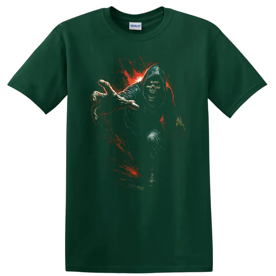 Hooded skull reaper with red splatter gothic horror graphic on a Forest Green T Shirt