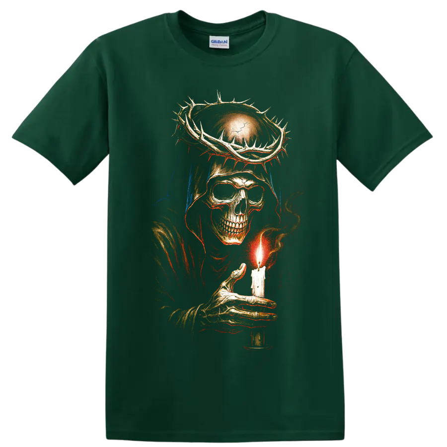 Gothic grim reaper skull holding a glowing candle beneath a crown of thorns on a Forest Green T Shirt