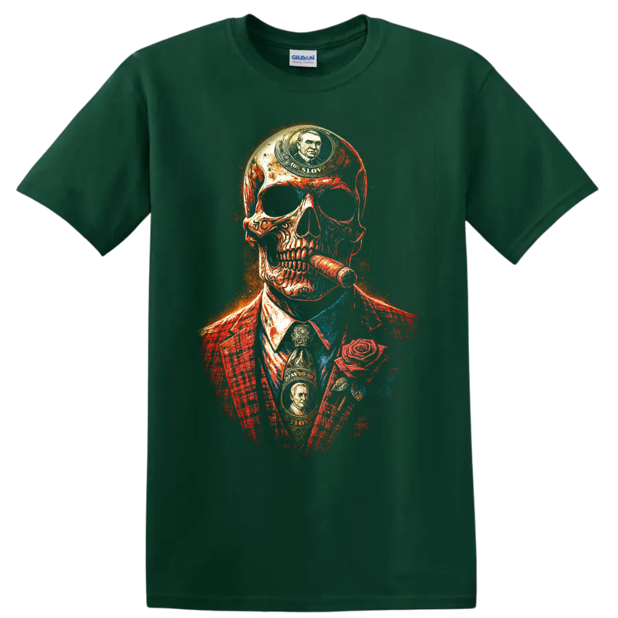 Distressed gangster skull in suit with cigar and rose graphic on a Forest Green T Shirt