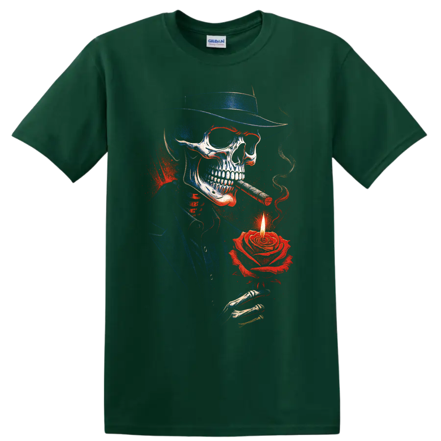 Gothic skull cowboy with cigar and glowing rose candle graphic on a Forest Green T Shirt