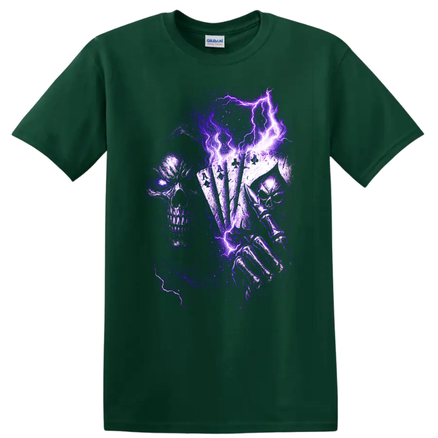 Gothic skull holding playing cards with purple lightning artwork on a Forest Green T Shirt