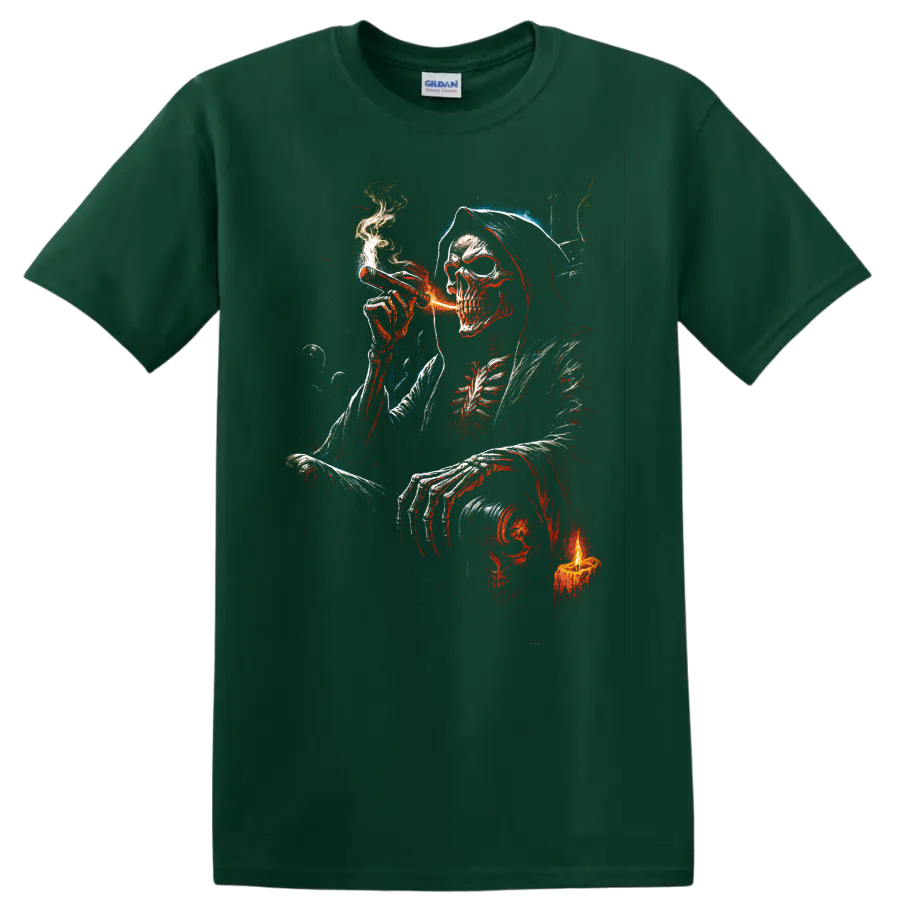 Hooded smoking skeleton skull with candle in distressed gothic art on a Forest Green T Shirt