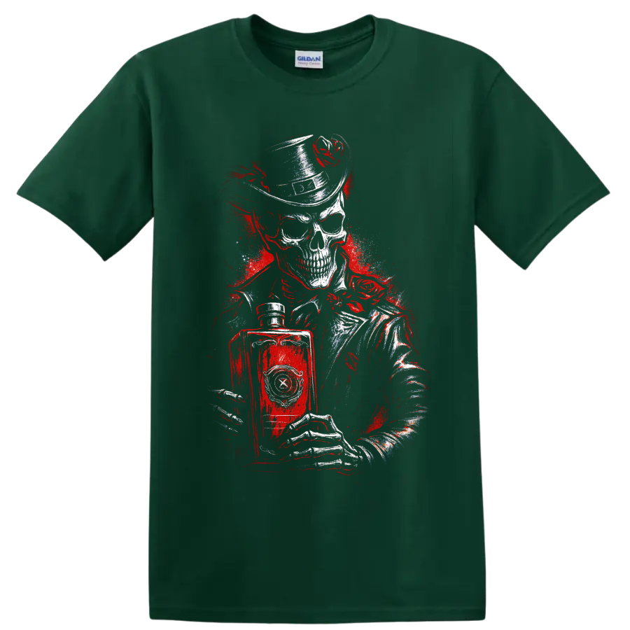 Gothic skull in top hat holding a book with red distressed artwork on a Forest Green T Shirt