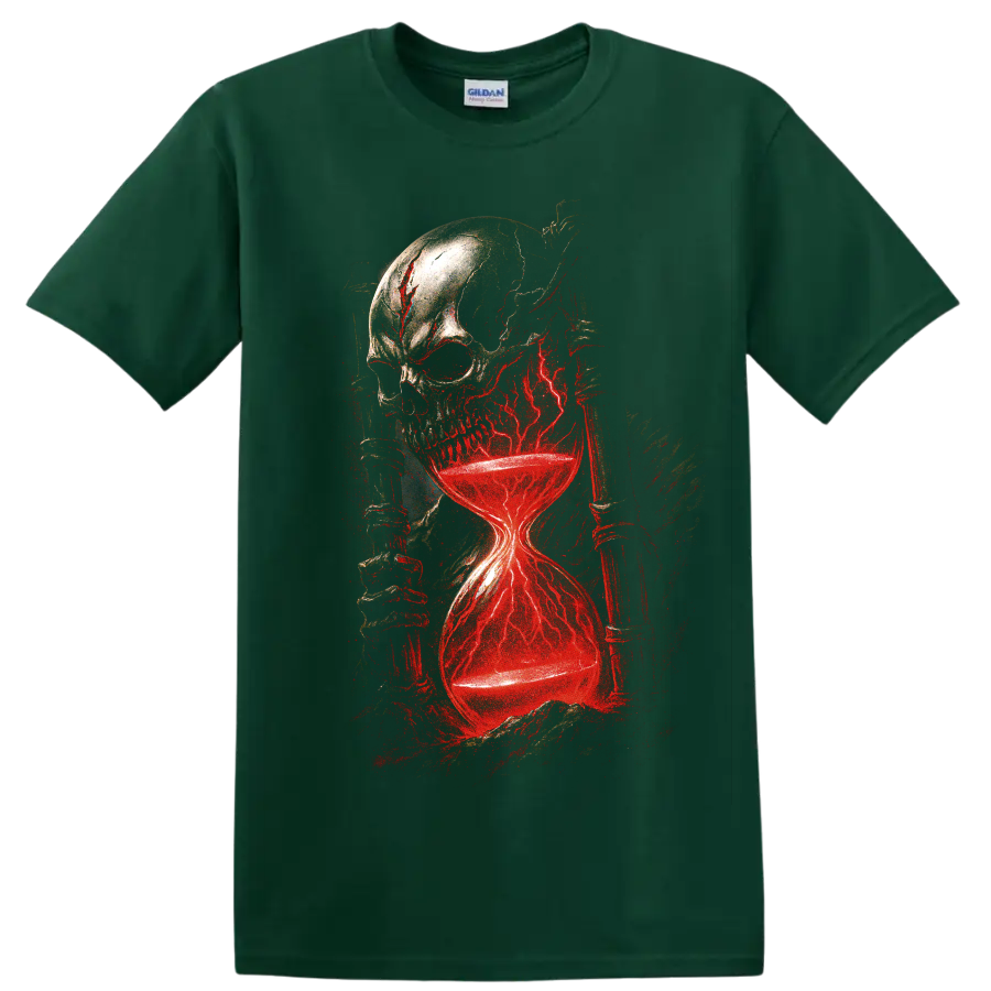 Gothic skull hourglass with glowing red lightning graphic on a Forest Green T Shirt