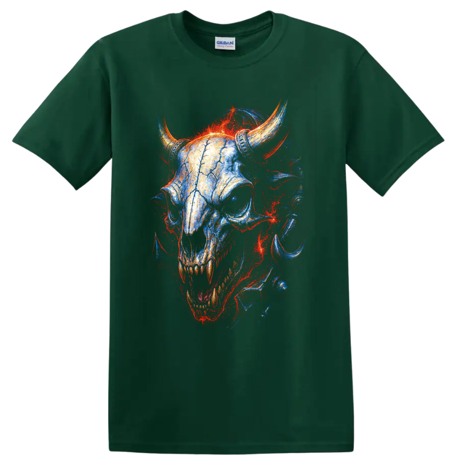Horned skull gothic artwork with vivid blue, red, and orange fire-like detail on a Forest Green T Shirt