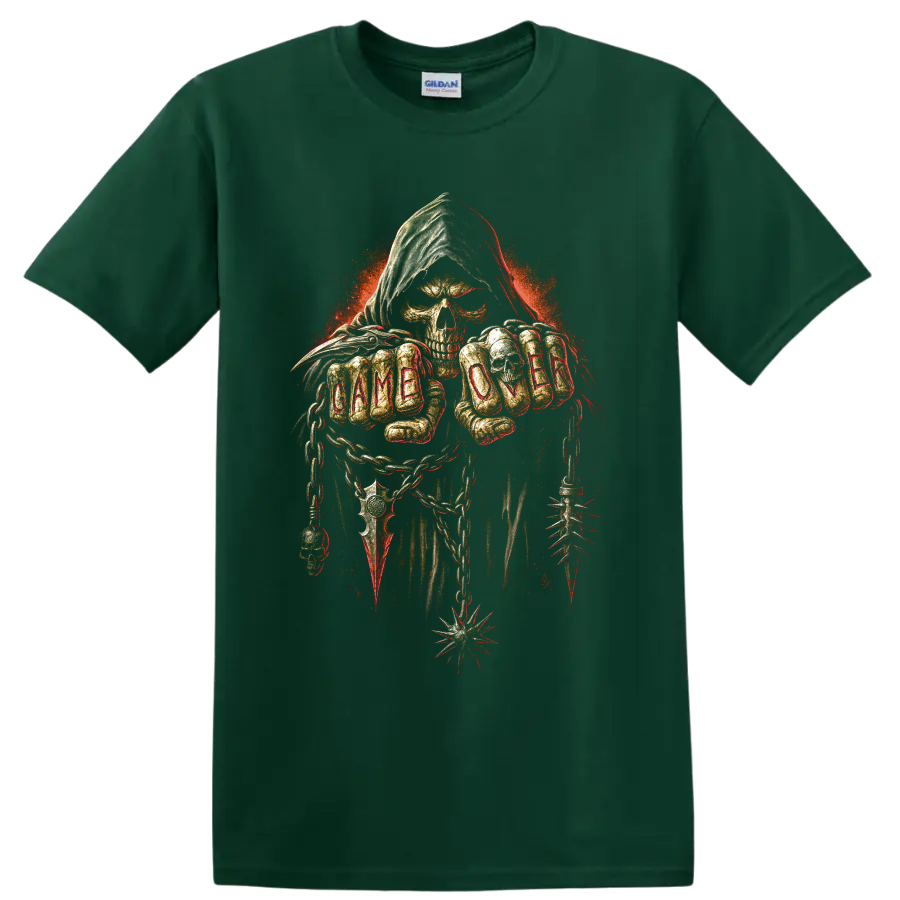 Grim reaper skull with hood, chains, spikes, and gothic distressed art on a Forest Green T Shirt