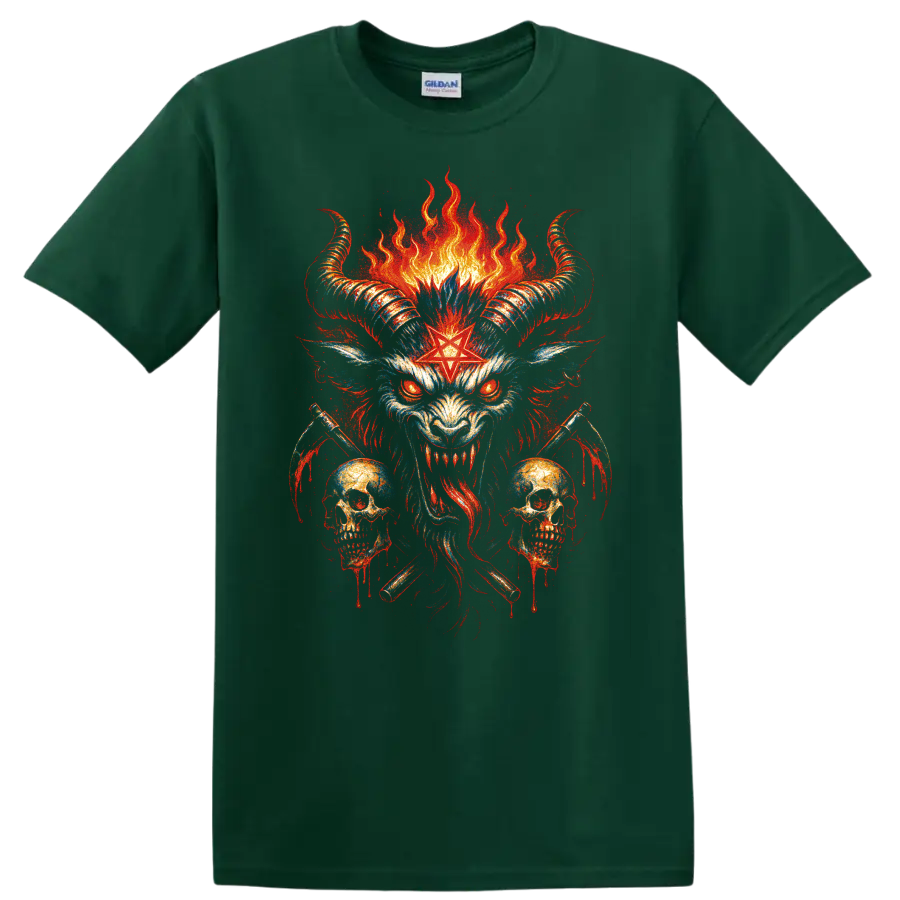 Horned demon skull with flames and red star gothic graphic print on a Forest Green T Shirt