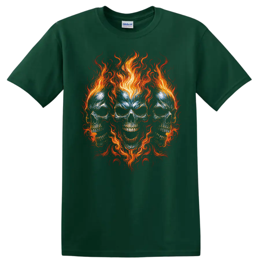 Flaming triple skull gothic horror graphic with vivid swirling fire on a Forest Green T Shirt