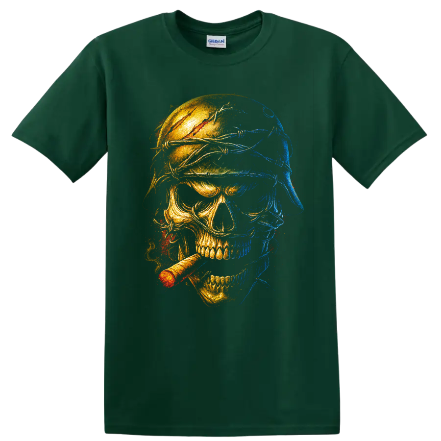 Blue and gold split-face skull graphic with cigar and distressed gothic art on a Forest Green T Shirt
