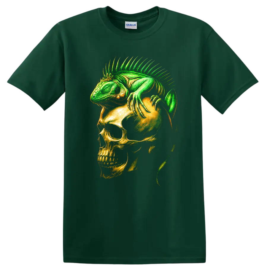 Green iguana draped over a skull in detailed gothic horror art on a Forest Green T Shirt