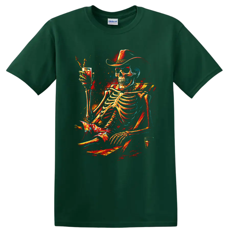 Western gothic skeleton cowboy raising a cocktail glass with colorful splatter art on a Forest Green T Shirt
