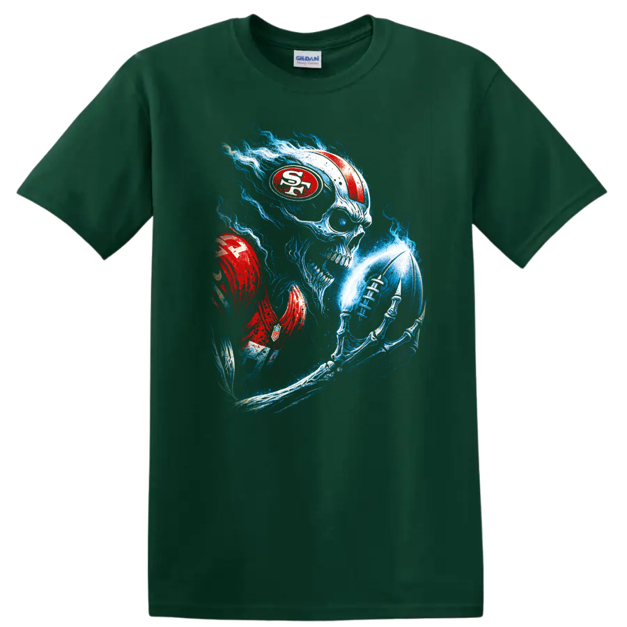 Gothic skull football player with red helmet and blue flames on a Forest Green T Shirt