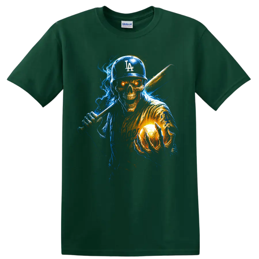 Neon horror baseball skull player with bat and glowing baseball on a Forest Green T Shirt