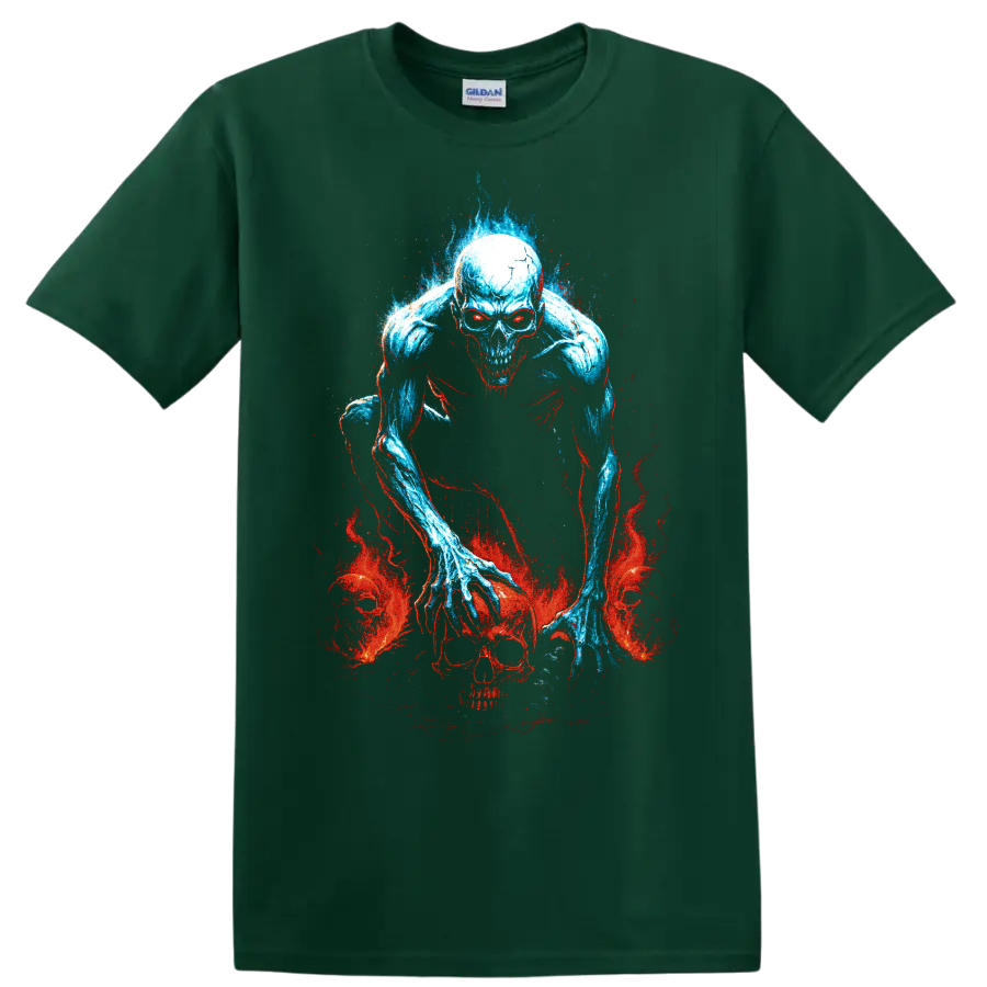 Blue undead skeleton skull with red flames gothic horror graphic on a Forest Green T Shirt