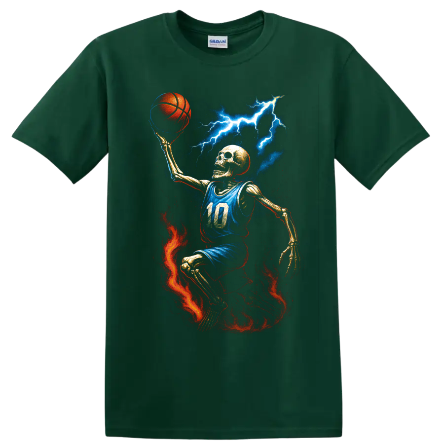 Skeleton basketball player with lightning, fire, and blue jersey on a Forest Green T Shirt
