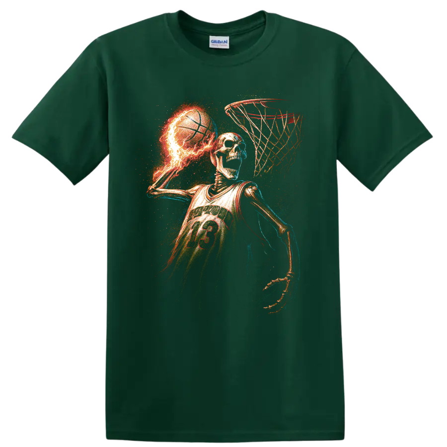 Fiery skeleton basketball player slam dunk graphic with glowing neon effects on a Forest Green T Shirt