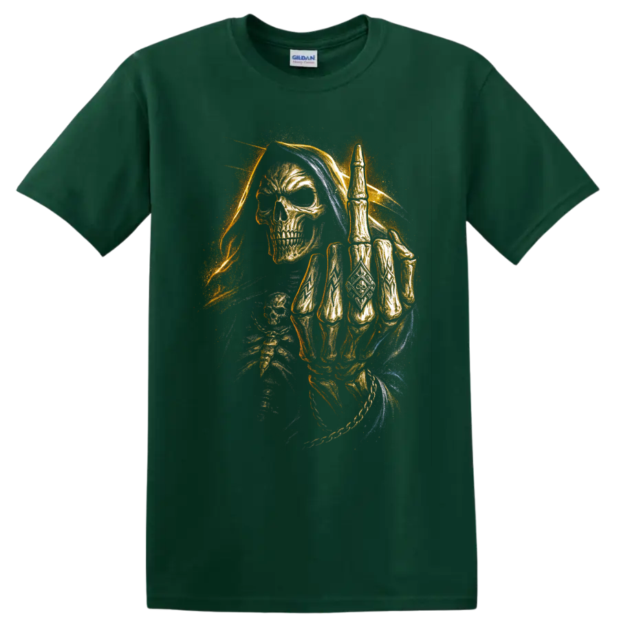 Hooded Grim Reaper skull with raised skeletal hand in gothic dark art on a Forest Green T Shirt